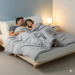 A happy couple sleeping soundly on their space-saving short queen mattress, demonstrating it's comfortable for two.