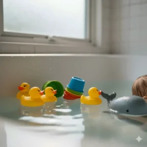 Floating stacking cups and BPA-free rubber ducks for a 6-month-old’s bath time play in a family bathroom.