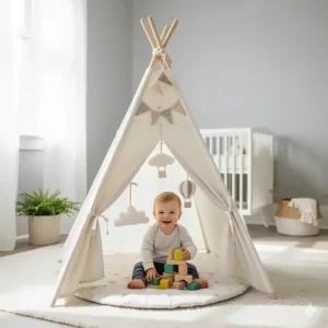 A stylish teepee-style baby play gym that converts into a toddler play tent for longevity and imaginative play in the nursery.