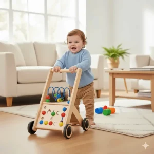 A 9-month-old infant using a wooden push-along walker toy to practice taking their first steps in a British living room.