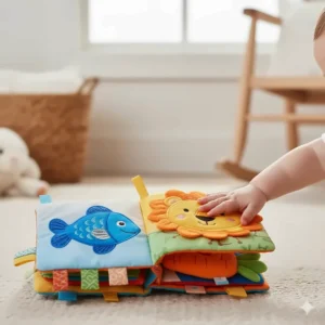 A colourful soft fabric book with crinkle pages and various textures for tactile play in infants.