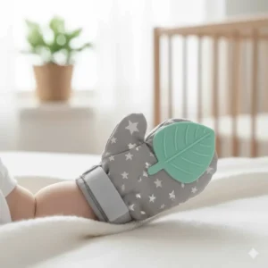 Alt text for image 4 A soft fabric teething mitten with a food-grade silicone textured tip, designed to stay on a baby's hand to provide constant teething relief.