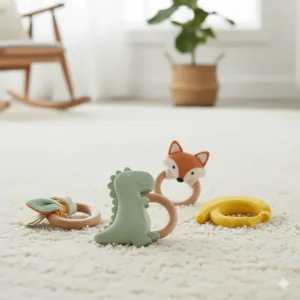 Silicone and natural rubber teething rings shaped like animals, perfect for a 6-month-old infant's teething stage.