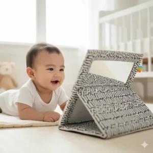 A safe floor mirror for tummy time to help babies 3-6 months develop neck strength and self-recognition.