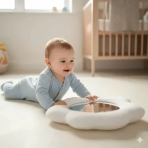 A soft-frame floor mirror for baby tummy time sessions, helping to develop neck strength and self-discovery.