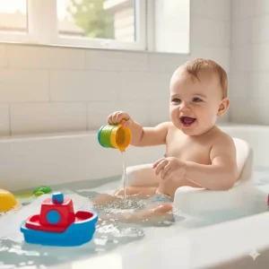 Fun bath toys for a 9 month old including a floating boat and a pouring jug in a family bathroom.