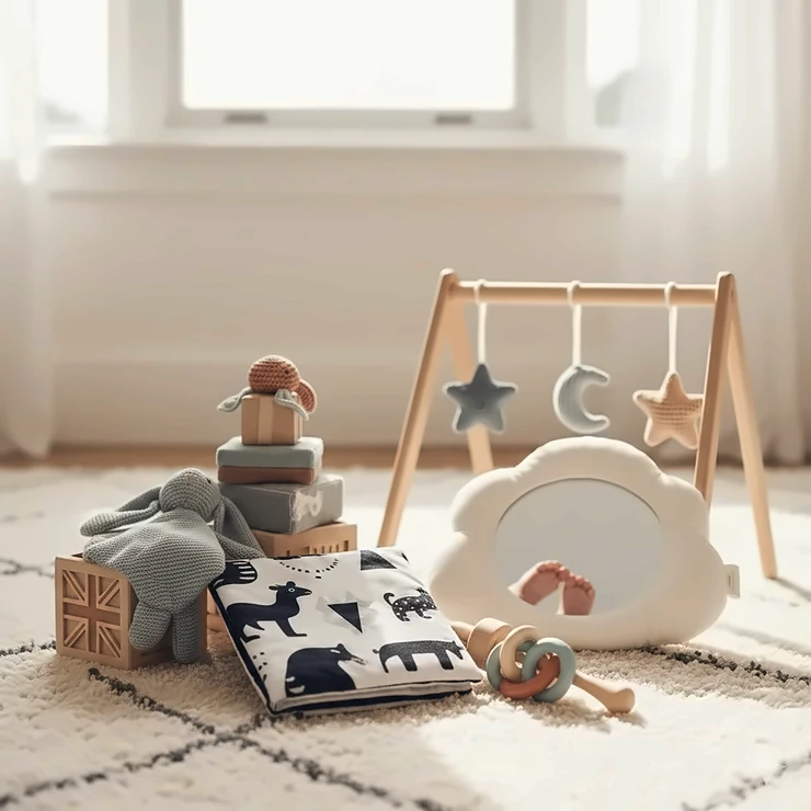 A selection of newborn developmental toys including a monochrome sensory book and a wooden rattle on a neutral nursery rug.