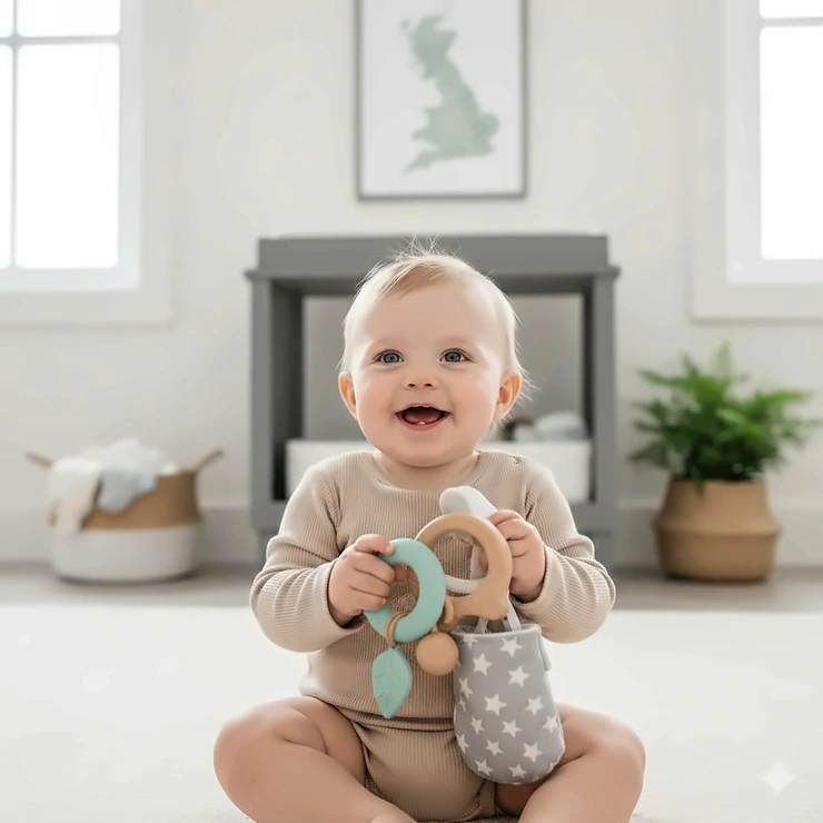 Alt text for image 1 A photorealistic lifestyle shot of a happy British baby sitting in a modern, naturally lit nursery holding a selection of the best teething toys available in the UK. best teething toys uk