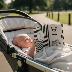 A newborn crinkle book with high-contrast patterns, designed to stimulate hearing and touch during pram rides.