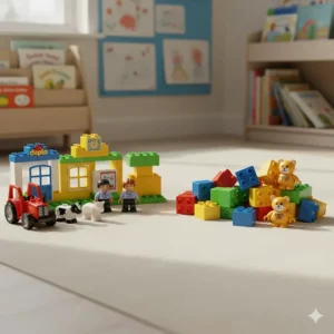 A variety of LEGO Duplo figures and themed sets compared to Mega Bloks, highlighting role-play opportunities for toddlers.