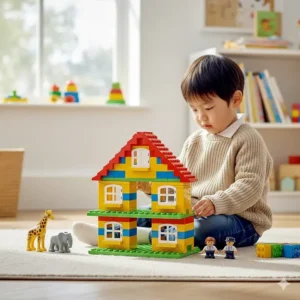 A 4-year-old child building a detailed house with LEGO Duplo, illustrating the long-term play value compared to Mega Bloks.