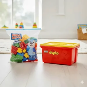 Comparison of the Mega Bloks First Builders storage bag and a LEGO Duplo plastic storage box in a UK nursery setting.