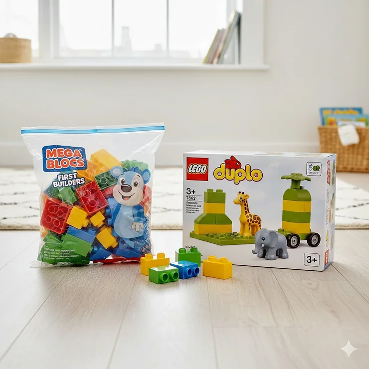 A side-by-side comparison of Mega Bloks First Builders and LEGO Duplo bricks, showing the size difference for UK toddlers. mega bloks vs duplo for toddlers
