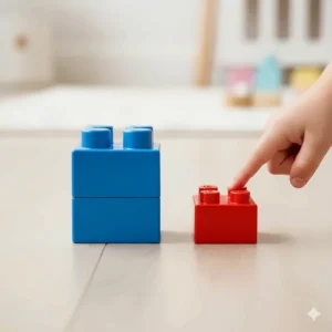Close-up of a large Mega Bloks First Builders brick next to a LEGO Duplo brick to demonstrate safety and scale for small hands.