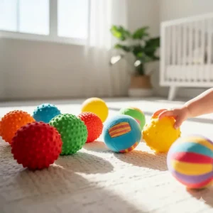 A set of brightly coloured balls with different surface textures to encourage grasping and crawling.