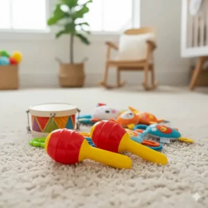 Brightly coloured baby drums and shakers to encourage auditory development and rhythm in 6-month-olds.