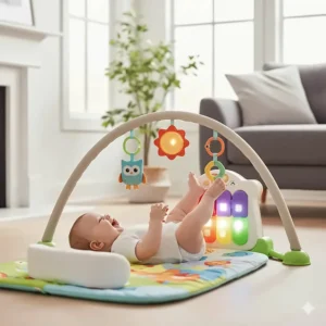 An interactive baby gym featuring a kick-piano and light-up toys to encourage motor skill development through musical play.