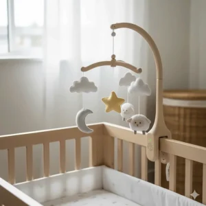 A battery-operated musical cot mobile playing soft lullabies to encourage auditory development in British nurseries.
