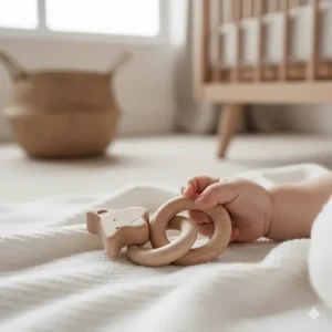Alt text for image 3 An eco-friendly teething toy made from natural beech wood, providing a firm and organic surface for UK infants to chew on safely.