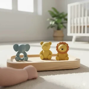 BPA-free natural rubber teething toys shaped like animals, ideal for soothing gums in babies 6-12 months.