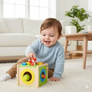 An interactive pop-up animal toy that teaches 9-month-olds about cause and effect through pressing buttons.