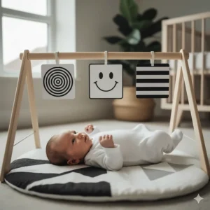 A newborn lying on a sensory play gym mat looking at high-contrast black and white hanging cards designed for early visual development.