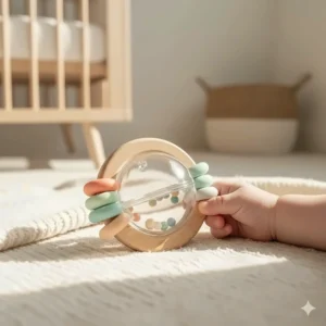 A lightweight easy-grip sensory shaker rattle used as a newborn developmental toy to teach cause and effect.