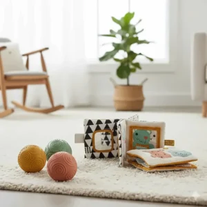A selection of textured sensory balls and fabric books designed for six-month-old babies to explore different touch sensations.