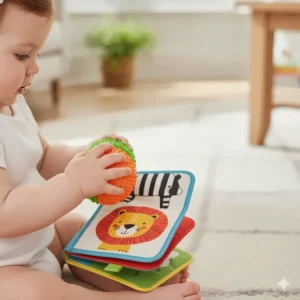 Close-up of a baby's hands exploring a textured sensory ball and a soft fabric book with crinkle pages.