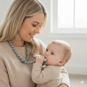 Alt text for image 7 A stylish grey silicone teething necklace worn by a mother, allowing a baby to chew safely on the beads while being carried or held.