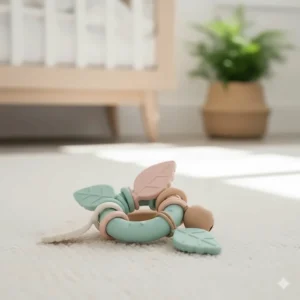 Alt text for image 2 A BPA-free silicone teething ring in soft pastel colours, designed with a textured surface for soothing a baby's sore gums during teething.