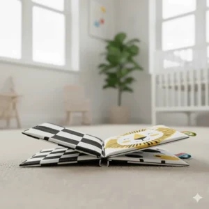 An open crinkle cloth book with high-contrast patterns and tactile ribbons suitable for a six-month-old's early literacy.