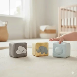 Set of soft fabric sensory blocks with different textures and chime sounds for tactile newborn play.