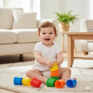 A baby sitting on a rug playing with colourful nesting stacking cups to develop fine motor skills.
