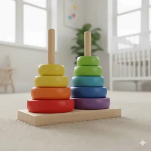 Classic multicoloured stacking rings set on a wooden base to help a six-month-old develop fine motor skills and hand-eye coordination.