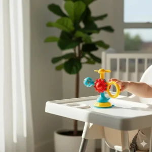 A spinning interactive activity toy with a sturdy suction cup base attached to a baby's highchair tray for mealtime entertainment.