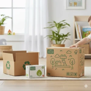 Recyclable cardboard packaging for building bricks, reflecting the eco-friendly preferences of British consumers.