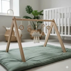 An eco-friendly wooden baby gym with minimalist Scandinavian design, perfect for a modern UK nursery and sustainable parenting.