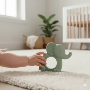 Alt text for image 6 A textured, animal-shaped teething toy made from soft silicone, designed for easy gripping by small hands and gentle on an infant's mouth.