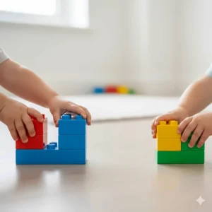 A British toddler easily stacking large Mega Bloks, showing the loose fit ideal for early physical development and fine motor skills.