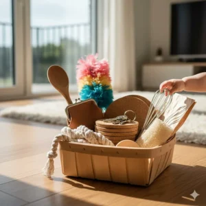 A traditional wooden treasure basket filled with different household textures for Montessori-style sensory play.