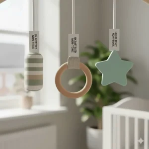 A close-up of non-toxic, UK safety-tested hanging toys including a wooden teething ring and a soft knitted rattle.