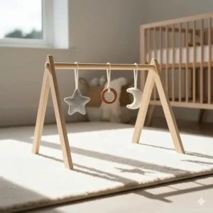 A minimalist FSC-certified wooden baby gym with dangling silicone and crochet newborn developmental toys.