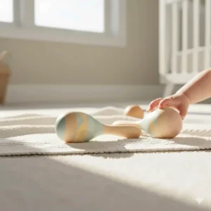 Small wooden maracas and shakers designed for tiny hands to develop auditory senses and motor skills.