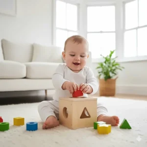A classic wooden shape sorter toy with chunky blocks, ideal for 9-month-old cognitive development.