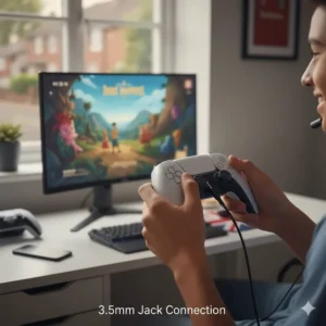 A standard 3.5mm audio jack being plugged into a console controller to show easy plug-and-play connectivity.