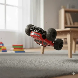 An action shot of a red RC car for 6 year old beginners performing a jump over a pile of autumn leaves.