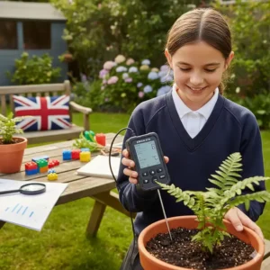 A handheld coding device being used outdoors to measure garden temperatures as part of a STEM project.