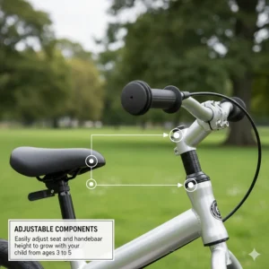 Close-up of an adjustable seat post and handlebars to accommodate a growing 3 year old.