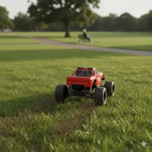 A photorealistic red remote control car designed for beginners driving on a paved garden path next to a lawn.
